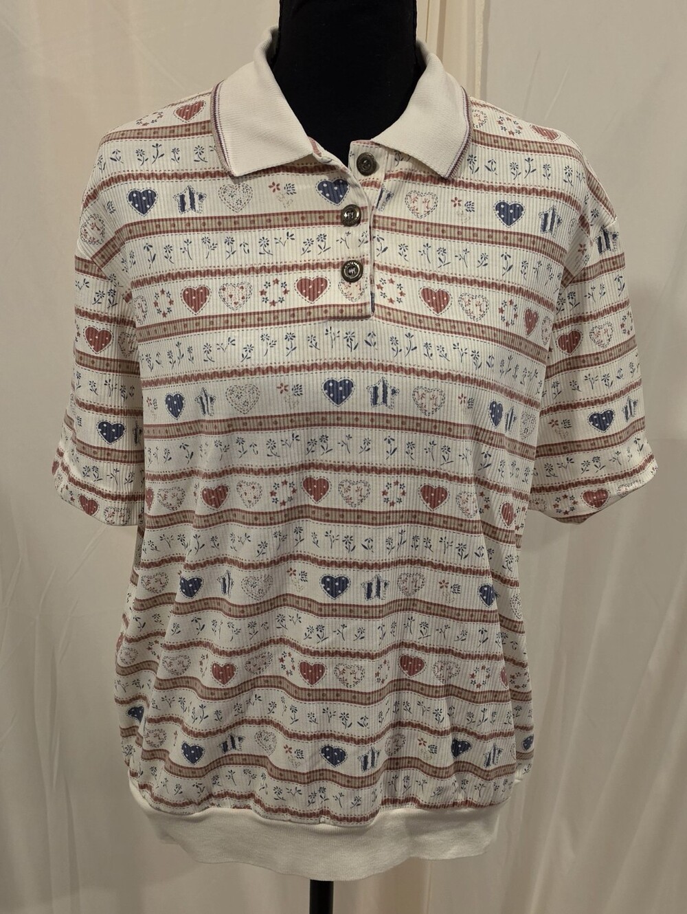 VTG 90s Teddi Polo Shirt Large Women Striped Heart Patriotic Cottagecore